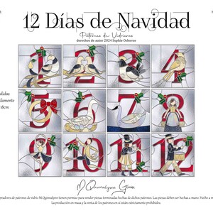 May include: Twelve Days of Christmas stained glass pattern set. The set includes 12 different patterns, each featuring a different number and a festive design. The patterns are approximately 18 inches by 18 inches.