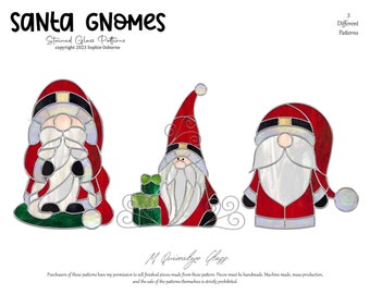 May include: Three stained glass patterns of Santa gnomes. Each gnome is wearing a red hat and coat with a white beard and a white face. The gnomes are holding a gift, a bag, and a ball.