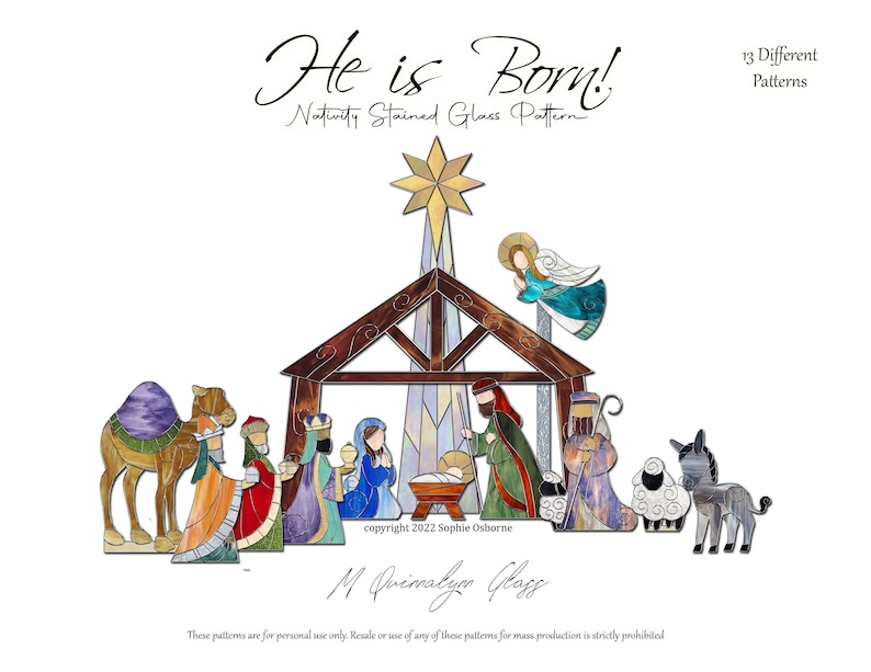May include: A stained glass pattern titled "He is Born!" depicts a Nativity scene with a star, stable, and figures including the Three Wise Men, Mary, Joseph, and baby Jesus. The image includes a camel, angel, donkey, and sheep.