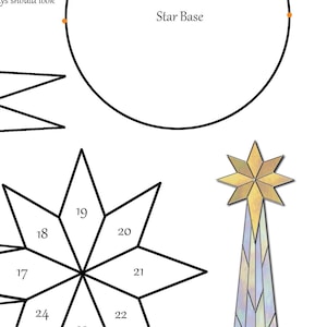 May include: Diagram of a star base, star shape, and a star-shaped ornament. The star base is a circle with the text "Star Base" inside. The star shape is divided into 8 sections, numbered 17-24. The ornament is a star on a tall, tapered base.
