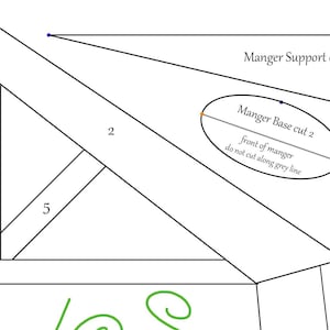 May include: Diagram of a manger with labeled parts and cutting instructions. The image includes the text "Manger Support cut 2" and "Manger Base cut 2". The base has the instruction "do not cut along grey line".