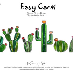 Op de afbeelding: Zes verschillende glas-in-loodpatronen van cactussen, waaronder een saguaro-cactus, een stekelige peercactus en een tonvormige cactus. De patronen zijn gelabeld met "Easy Cacti" en "Stained Glass Patterns" met de copyrightinformatie "copyright 2024 Sophie Osborne".