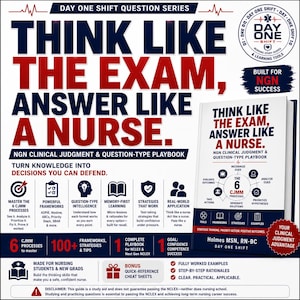 May include: A white book titled Think Like The Exam, Answer Like A Nurse, NGN Clinical Judgment & Question-Type Playbook by Holmes MSN, RN-BC. The cover features a diagram of the 6 CJMM processes, red and blue text, and nursing study guide icons.