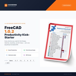 May include: A digital productivity guide for FreeCAD 1.0.2 featuring a keyboard shortcuts list. The document displays a table of software actions and corresponding keys, including icons for sketcher, part design, and view tools in a PDF format.
