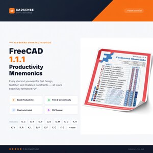 Op de afbeelding: Een digitale gids voor FreeCAD 1.1.1 sneltoetsen, bestaande uit een wit document met rode en blauwe accenten. De tekst bevat 'FreeCAD 1.1.1 Productivity Mnemonics' en een tabel met acties zoals 'Create Circle' en 'Pad' met bijbehorende toetsen.