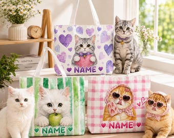 Custom Pet Portrait Tote Bag, Watercolor Cat or Dog Face, Personalized Pet Name Bag