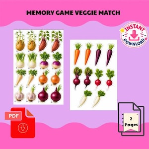 Puede incluir: Un juego de memoria imprimible titulado MEMORY GAME VEGGIE MATCH que presenta dos páginas con ilustraciones de verduras, incluyendo patatas, batatas, hinojo, nabos, cebollas, ajos, zanahorias, zanahorias moradas, remolachas y rábanos.