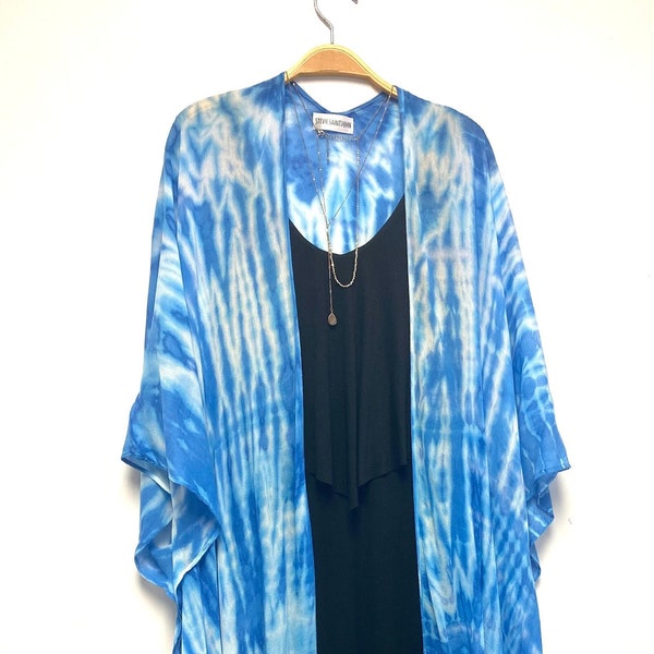 Baby Blue Bayou Long Open Front Kimono, Long Handmade Tie Dye Jacket, Free Size Long Kimono, Festival Boho Long Vest, Pool Side Glam