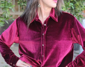 Crimson Velvet Long Sleeve Shirt, Velvet Button Down Shirt, Oversized Loose Silk Velvet Shirt, Handmade in US Shirt