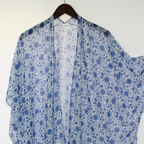 Blue Border Print Kimono Boho Free Size Kimono Women's - Etsy