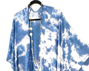 Blue Waves Tie Dye Kimono, Open Front Kimono, Handmade Boho Duster, Plus Size Jacket, Free US Shipping