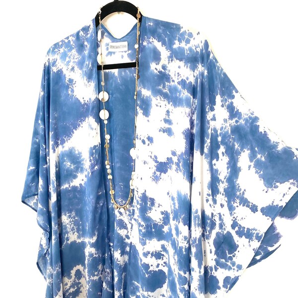 Blue Waves Tie Dye Kimono, Open Front Kimono, Handmade Boho Duster, Plus Size Jacket, Free US Shipping