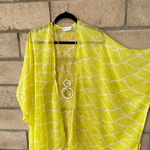 Yellow Diamond Chiffon Kimono, Yellow Kimono Jacket, Free Size Long Kimono, Festival Boho Long Vest