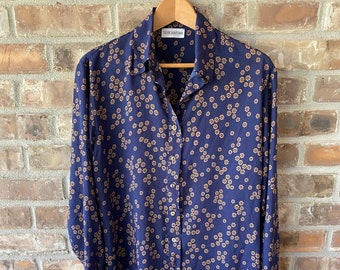 Dark Blue Long Sleeve Shirt, Rayon Button Down Shirt, Oversized Loose Shirt, Handmade in US Shirt