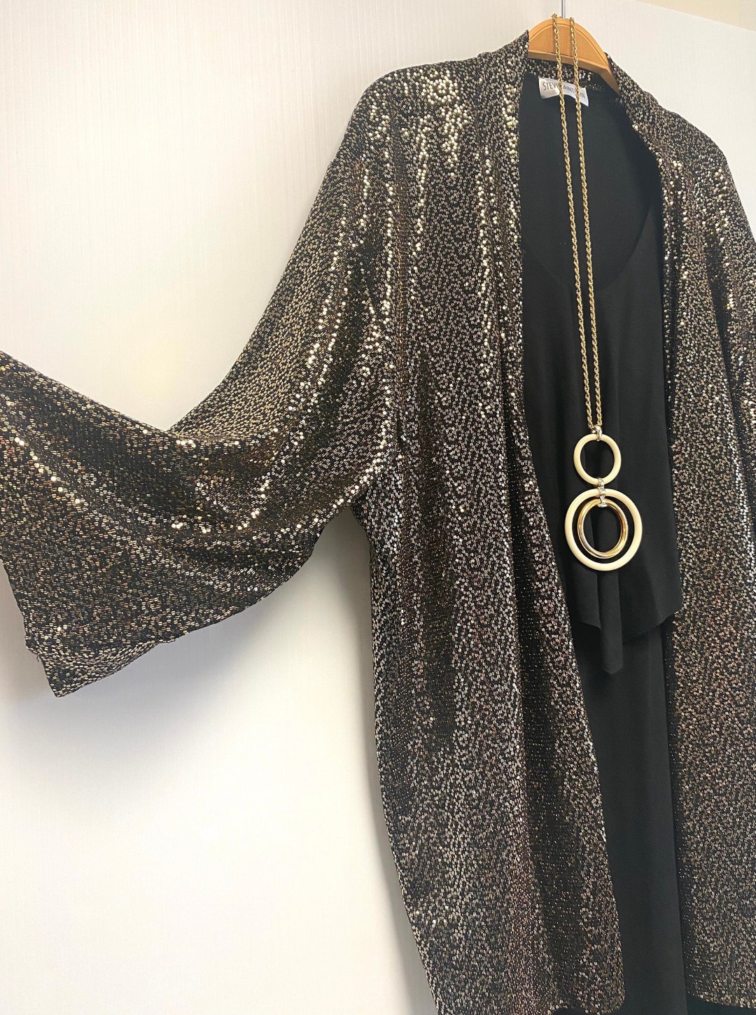 Gold Metallic Kimono, Free Size Kimono, Handmade Sequin Duster, Open