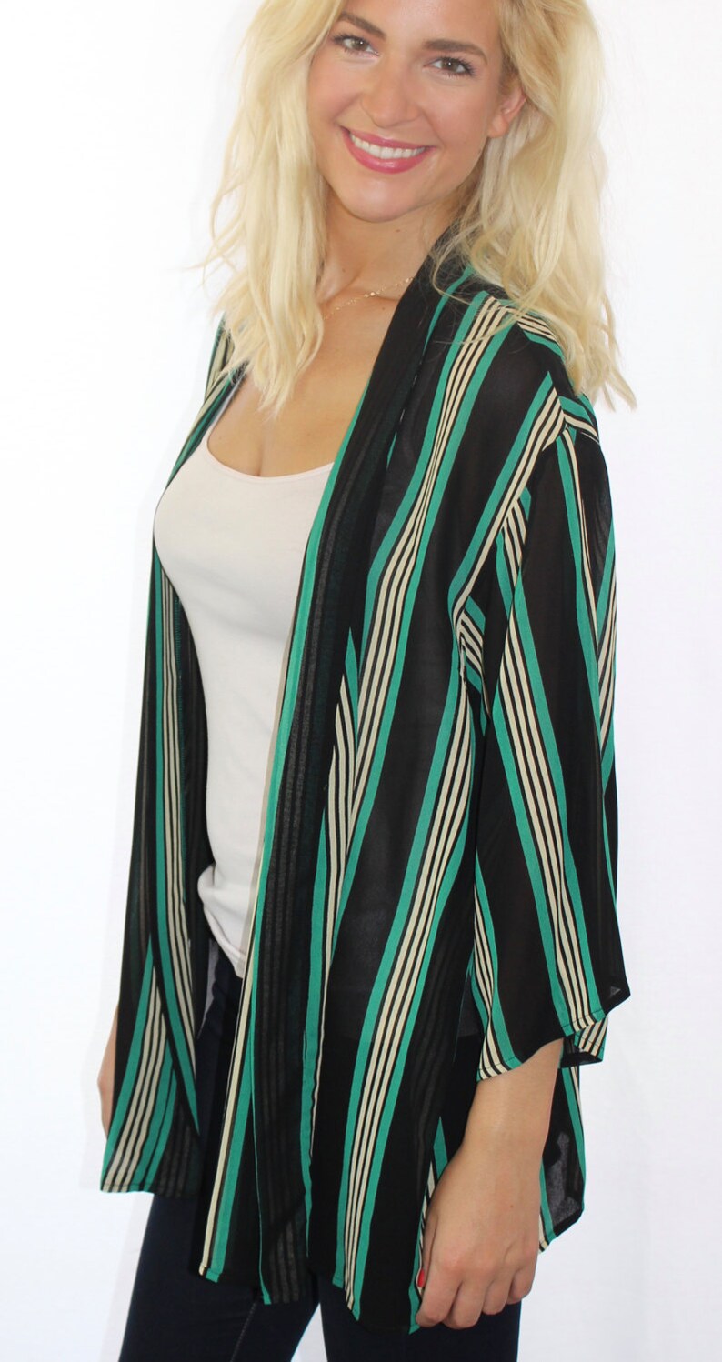 Elegant Kimono Duster Boho Free Size Kimono Retro Stripe Open Front Kimono Jacket