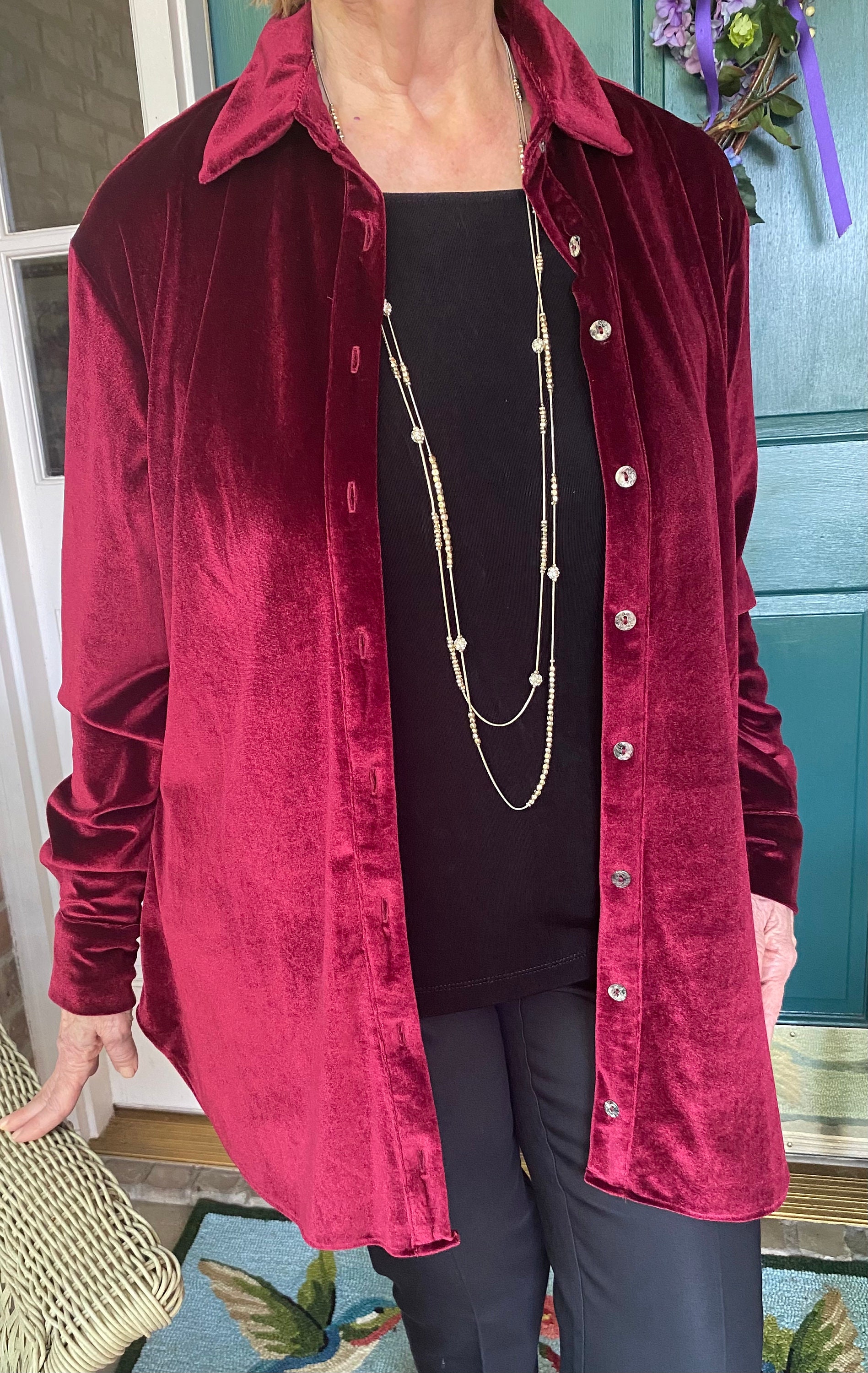 Crimson Velvet Long Sleeve Shirt, Velvet Button Down Shirt