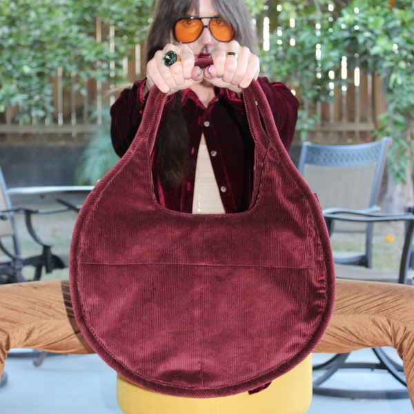 Burgundy Corduroy Boho Moon Tote, Burgundy Purse, Handmade Fabric Purse, Corduroy Tote, Made in USA