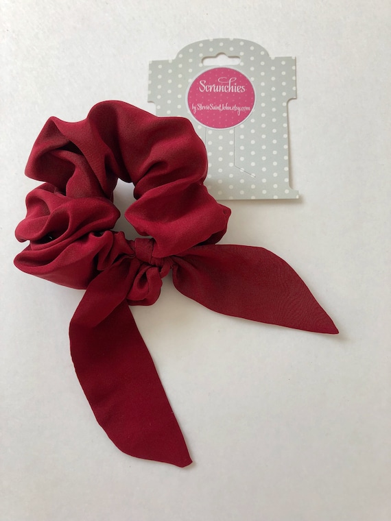 Crimson Silk Scrunchie with Top Knot: Handmade Burgundy Hair Cloud