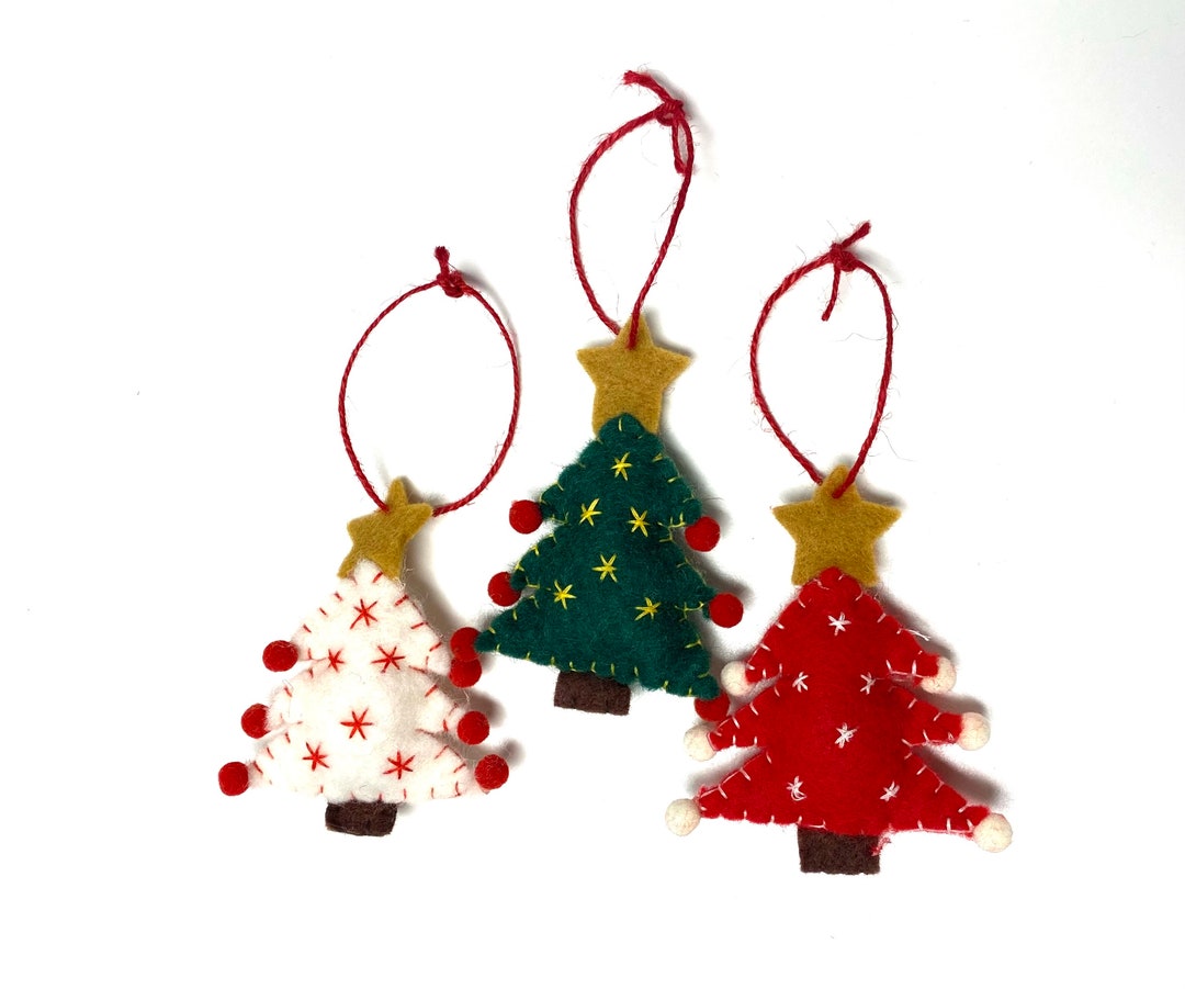 Felt Christmas Tree Ornaments, Holiday Felt Ornaments, Red Tree Felt