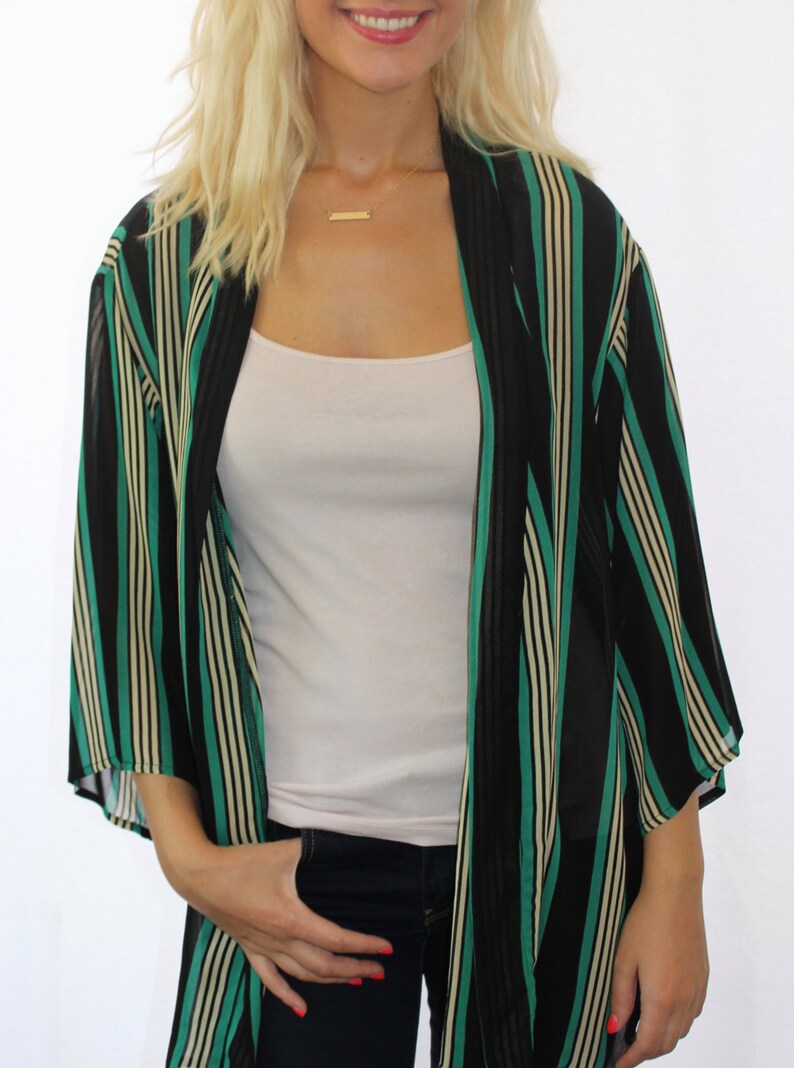 Elegant Kimono Duster Boho Free Size Kimono Retro Stripe Open Front Kimono Jacket