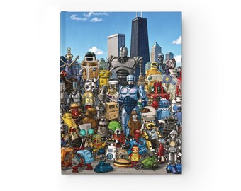 AI Robot Cityscape Journal, Colorful Robot Collage