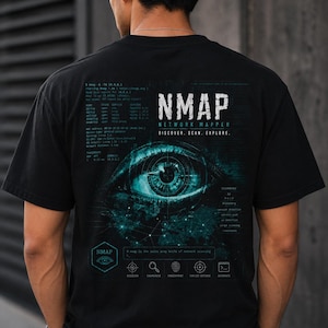 May include: A black t-shirt featuring a large teal and white graphic on the back. The design includes the text NMAP NETWORK MAPPER DISCOVER. SCAN. EXPLORE., a detailed digital eye illustration, technical command line data, and icons for discover, enumerate, fingerprint, exploit, and automate.