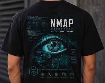 May include: A black t-shirt featuring a large teal and white graphic on the back. The design includes the text NMAP NETWORK MAPPER DISCOVER. SCAN. EXPLORE., a detailed digital eye illustration, technical command line data, and icons for discover, enumerate, fingerprint, exploit, and automate.