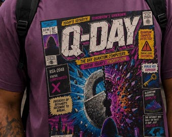May include: A purple t-shirt featuring a graphic print designed like a comic book cover titled Q-DAY. The artwork depicts a hooded figure, a large broken padlock, and text including Today's Security, Tomorrow's Unknown, and There Is No Patch.