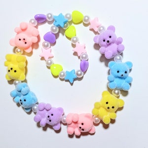 PREORDER - Fuzzy Pastel Rainbow Teddy Bear Stretch Necklace with Heart and Star Beads