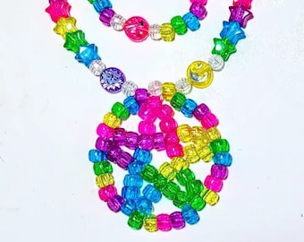 Rave Magic - Rainbow Glitter Kandi and Star Stretch Necklace with Metallic Space Beads