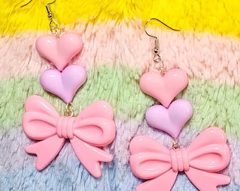 Sweet Hearts - Chunky Pastel Pink and Purple Heart and Bow Earrings