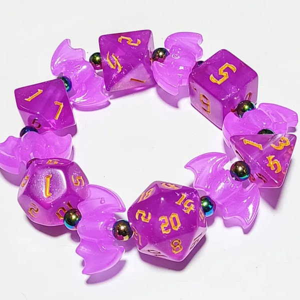 PREORDER  - Swarm of Bats - Iridescent Glitter Polyhedral Dice Stretch Bracelet with Glow in the Dark Bats and Magnetic Hematite Beads