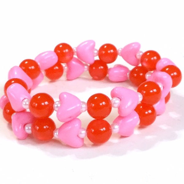 Valentine - Pastel Pink and Moonglow Red Bead Stretch Bracelets - Set of 2