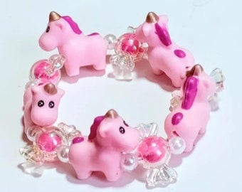 1 LEFT - Pink Magic - Magenta Gummy Baby Unicorn Stretch Bracelet with Iridescent Candy Beads