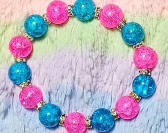 LAST ONE - Cotton Candy Sparkle -  Bright Pink and Blue Crackle Bead and Rhinestone Stretch Bracelet