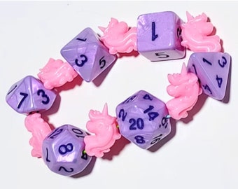 1 AVAILABLE NOW - Fanciful - Iridescent Purple Polyhedral Dice Stretch Bracelet with Pink Unicorn Beads