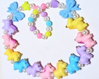 ONLY 1 - Pastel Rainbow Gummy Baby Unicorn Stretch Necklace with Bows, Heart, Star,, and Faux Pearls