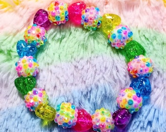 PREPRDER - Heart Sprinkles - Rainbow Brite Inspired Neon Glitter SlHeart Stretch Bracelet with Rhinestone Beads