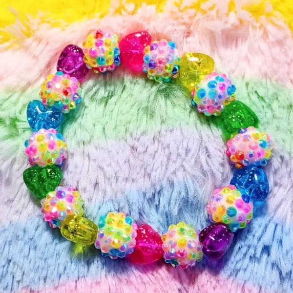 PREPRDER - Heart Sprinkles - Rainbow Brite Inspired Neon Glitter SlHeart Stretch Bracelet with Rhinestone Beads