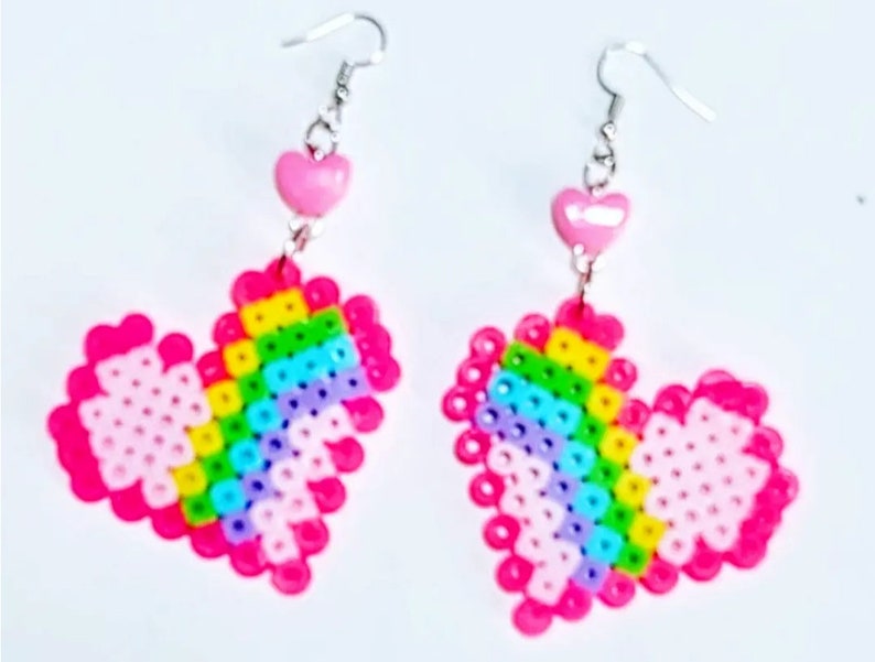 Cheer Bear Care Bears Inspired Rainbow Perler Heart Earrings image 1