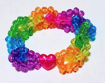 Rainbow Glitter Kandi Chain Stretch Bracelet with Hot Pink Heart