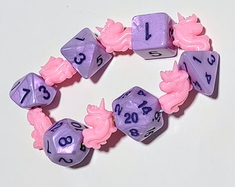 1 AVAILABLE NOW - Fanciful - Iridescent Purple Polyhedral Dice Stretch Bracelet with Pink Unicorn Beads