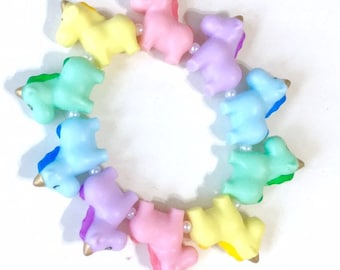 PREORDER - Pastel Rainbow Gummy Baby Unicorn Stretch Bracelet with Tiny Faux Pearl Beads