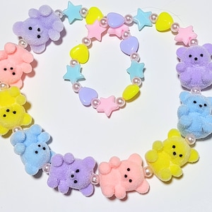 PREORDER - Fuzzy Pastel Rainbow Teddy Bear Stretch Necklace with Heart and Star, and Bow Beads