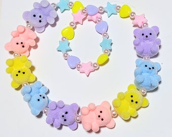 PREORDER - Fuzzy Pastel Rainbow Teddy Bear Stretch Necklace with Heart and Star, and Bow Beads