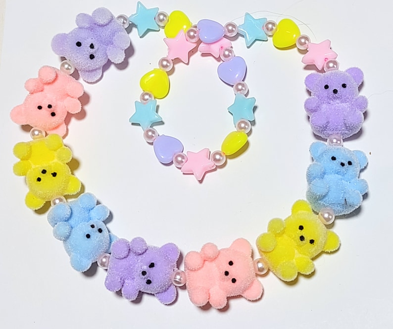 PREORDER Fuzzy Pastel Rainbow Teddy Bear Stretch Necklace with Heart and Star, and Bow Beads image 1