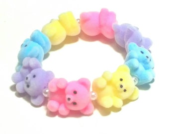 PREORDER - Fairy Kei Playtime - Fuzzy Pastel Rainbow Teddy Bear Stretch Bracelet