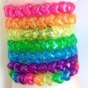 PREORDER - Bright Rainbow Glitter Heart Stretch Bracelets - Set of 7