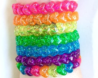 PREORDER - Bright Rainbow Glitter Heart Stretch Bracelets - Set of 7